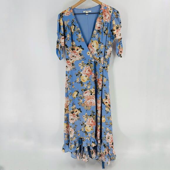 Boutique Miami Blue Floral Maxi Wrap Dress with Ruffle Hem Size Small Romantic - Picture 1 of 7